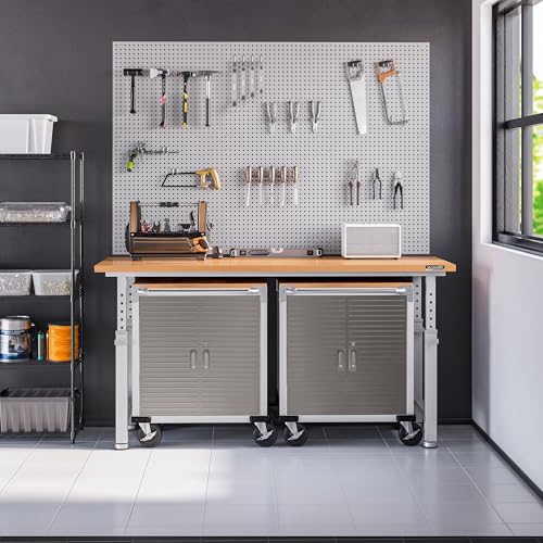 Seville Classics UltraHD Heavy Duty Rolling Cabinet Workbench Table w/Solid Wood Top, Workstation for Garage, Office, Workshop, Granite, 2-Door (28" W x 18" D)