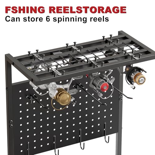 SEEAHEAD Fishing Rod Holders for Garage, Fishing Rod Storage Rack with Hooks & Wheels, Fishing Pole Holder Organizer, Tackle Box & Reel Storage Black