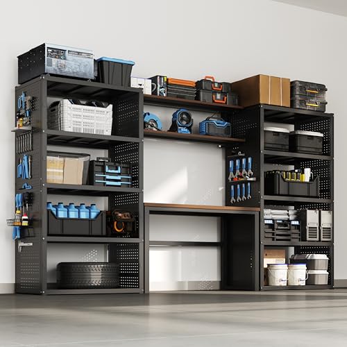 FLEXIMOUNTS Garage Storage System with Workbench & Pegboard, 117" Modular Garage Organization System, Heavy Duty Steel Garage Shelving & Tool Organizer for Garage Workshop, Black FLEXIMOD Series