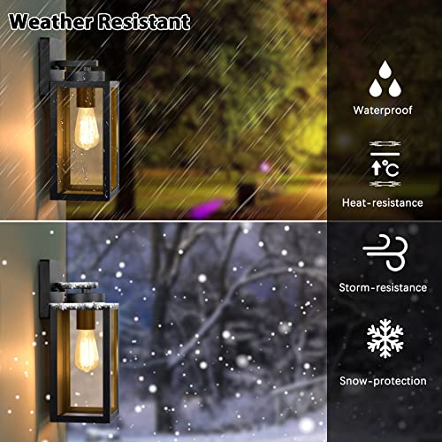 Outdoor Wall Light Fixtures, Exterior Waterproof Wall Lanterns, Porch Sconces Lighting with E26 Sockets & Glass Shades, Modern Matte Black Outside Lights for Patio Front Door Entryway Garage, 2-Pack