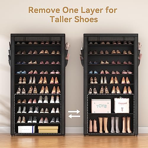 ROJASOP 10 Tier Shoe Rack with Covers,Large Capacity Stackable Tall Shoe Shelf Storage to 50-55 Pairs Shoes and Boots Sturdy Metal Free Standing Shoe Rack Organizer for Closet Entryway Garage