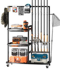 SOYEEZE Fishing Rod Holders for Garage, Fishing Pole Rack-360 Degree Rotating, Floor Stand Fishing Rod Storage Holds Up to 12 Rods, Space-Saving Pole Organizer with Unique Hook & Basket Design