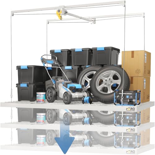 Overhead Garage Storage Rack – 4x8 FT Garage Ceiling Storage Racks with Safety Lock, Heavy-Duty Ceiling Mounted Lift System and Storage Organizer, Ideal for Maximizing Overhead Space, 325 lbs Capacity