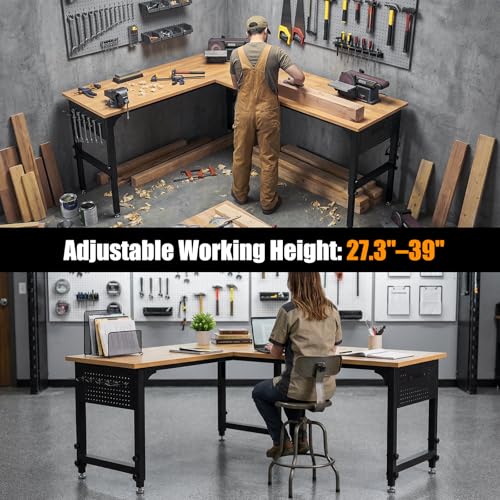 70"x47" L-Shaped Heavy Duty Work Bench, 3300 LBS Load Capacity Heights Adjustable Workbench, Work Benches for Garage with Power Outlet & Pegboard, Rubber Wood Work Table for Office, Workshop, Home