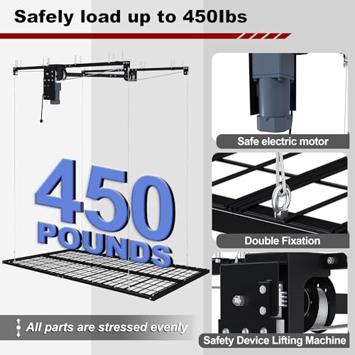 Star20XX Motorized Overhead Garage Storage Rack, Garage Ceiling Storage Rack, 4x8 Ft, 450 Lb Capacity, Remote Control, All Steel Ceiling Shelf for 10 to 12 Ft High Ceilings