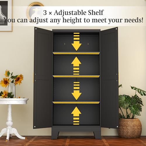 RISTERN Black Metal Storage Cabinet, 61" Steel Cabinets for Home Office, Kitchen Pantry Storage Cabinet with Doors and 3 Adjustable Shelves, Metal Tool Cabinet, for Office, Home, Garage, School