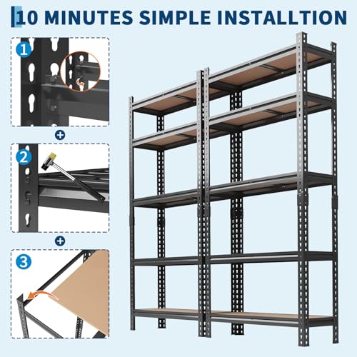 5-Tier Heavy Duty Adjustable Metal Storage Unit, 72" h x 48" w x 24" d, for Garage, Basement, Warehouse, Pantry, Closet, Kitchen, Black