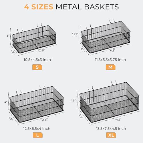 INCLY 4 Pack Upgrade Pegboard Baskets, 4 Sizes Square Style Metal Mesh Pegboard Baskets and Bins, Peg Board Organizer Accessories for Garage Craft Room Office Kitchen