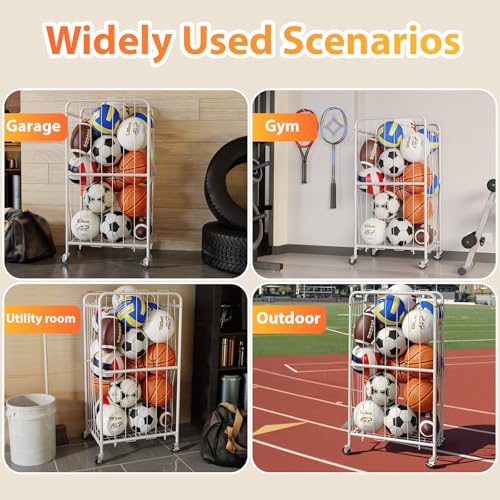Olldide 210L 43-Inch Large Ball Storage Basket with Wheels, Rolling Cart Sports Equipment Garage Organizer with Elastic Rope for Easy Access, Holder for Basketball, Soccer, Volleyball, Football