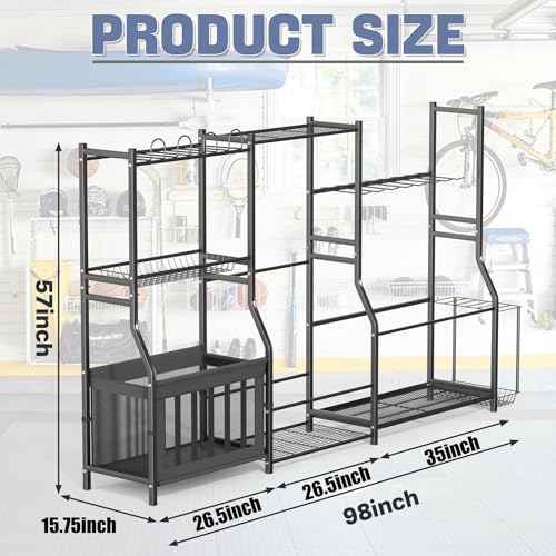 WALMANN Garage Sports Equipment Organizer Stand, Freestanding Ski & Snowboard Storage Rack with Ball Bin and Golf Bag Holder, Multi-Sport Storage for Garage