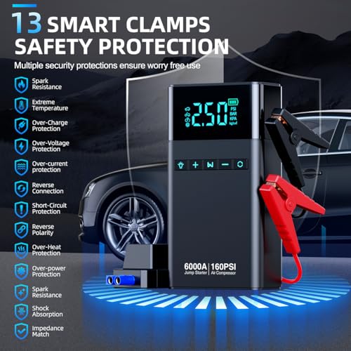 CZKBG 10-in-1 Portable Car Battery Jump Starter with Air Compressor, 6000A 160PSI Portable Car Jumper Starter (All Gas 12L Diesel), 12V Jump Box Car Battery Jump Starter with Jumper Cables, Lights