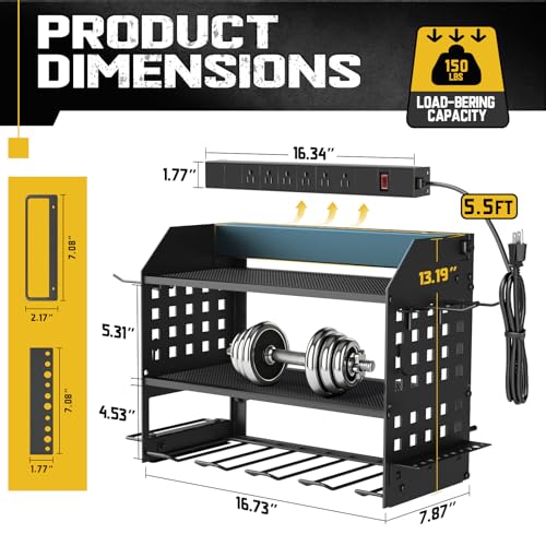 SPACECARE Power Tool Organizer with Charging Station 6 Outlets, 3-Layer Heavy Duty Wall Mount Drill Storage Rack, Cordless Tool with Utility Shelf, Garage Organization and Storage for Workshop- Black