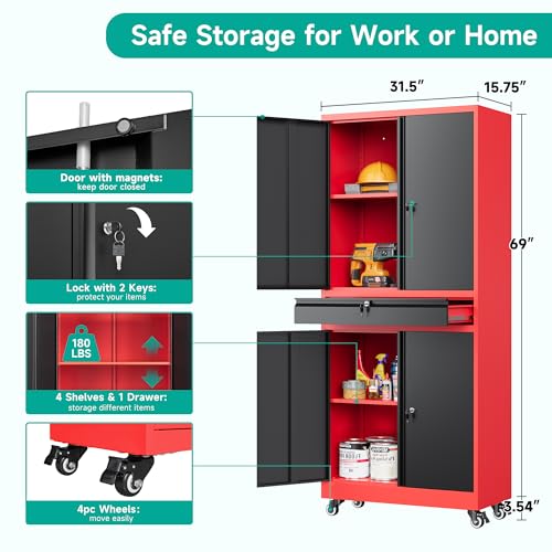 SISESOL Metal Storage Cabinet with Wheels and Drawer,Rolling Garage Storage Cabinet with Lock,Black Red Metal Cabinets with Wheel,73" Mobile Tall Tool Cabinets on Wheel for Home,Office,Garage,Shop
