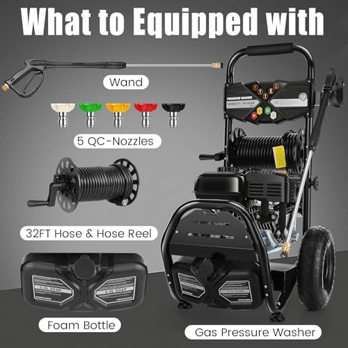 Professional 4200PSI 4GPM 212CC Gas Pressure Washer, 7.0HP Heavy-Duty 3600RPM Commercial Gas Power Washer with 10" Wheels 3000ML Foam Bottle 5 Nozzles 33FT Hose Reel (EPA/CARB/ETL Compliant), Black