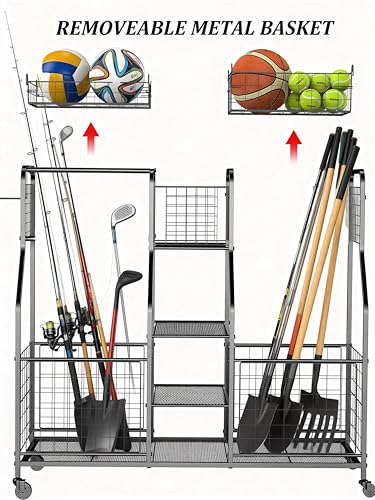 LUMAMU Garage Sports Equipment Organizer, Ball Storage Rack, Garage Organizer System, Indoor/Outdoor Sports Rack, Sports Gear Storage Rack for Basketballs Footballs Volleyball, Black