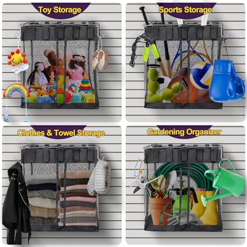 Froidesente 2 Packs Large Mesh Slatwall Baskets, 16×16×12 Inch Slat Wall Mesh Storage Baskets with 4 Hooks, 13.3 Gallon Hanging Slatwall Bins for Shop Garage Gym Display Panel Accessories (Black)