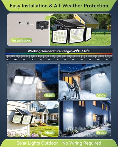 daphino 2500LM Solar Lights Outdoor with Motion Sensor,3 Head 270° Wide Angle Street Area Lights, IP65 Waterproof Security Lighting with 3 Modes(Non-Remote,2 Pcs)
