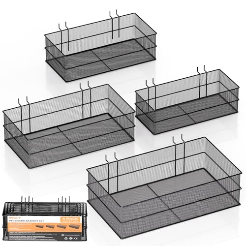 INCLY 4 Pack Upgrade Pegboard Baskets, 4 Sizes Square Style Metal Mesh Pegboard Baskets and Bins, Peg Board Organizer Accessories for Garage Craft Room Office Kitchen