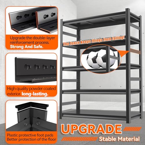 Metal Garage Shelving Unit, Heavy Duty 5-Tier Adjustable Storage shelves, Steel Shelving, 3000 lbs Capacity, Industrial Shelves for Heavy Tools and Equipment, Ideal for Garage, Basement, Black, 72"