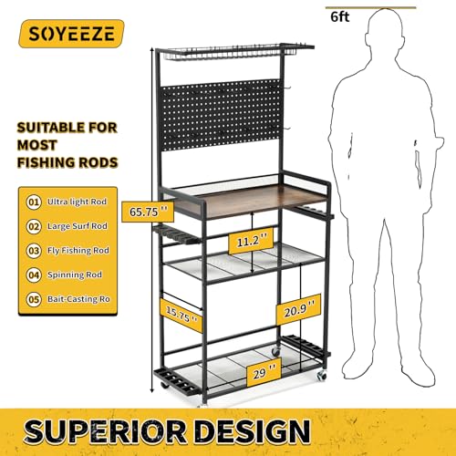 SOYEEZE Fishing Rod Holders for Garage,Fishing Gear Holder for Fishing Rod Tackle Box Storage，Fishing Pole Holders for 12 Rods with Hooks and Pegboard,Fishing Cart with Reel Rack, Large Size