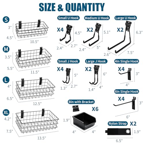 Dmprosel 34PCS Slatwall Accessories Set, Includes 4 Pack Slatwall Baskets, 22 Pack Heavy Duty Slatwall Hooks Set with 2 Straps and 6 Pack Slatwall Bins for Garage Slat Wall Organizer Storage Systems