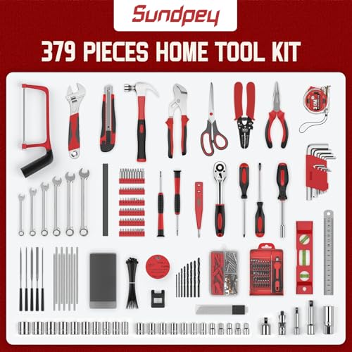 Sundpey Home Tool Kit with Drawer - 379-PCs Portable Complete Household and Auto Repair Tool Set - Hand General Basic Tool Box Storage Case - Full Basic Toolkit for Handyman & Diyer & Homeowner Red