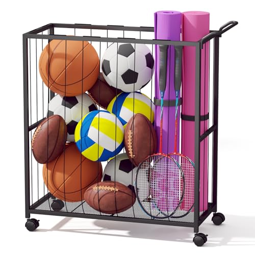 Homsorout Ball Storage Bin Rolling Sports Ball Cart, Metal Garage Organizer Sport Rack, Ball Basket Storage, Ball Cage for Garage or Gym, Indoor & Outdoor Sports Equipment Organizer Black