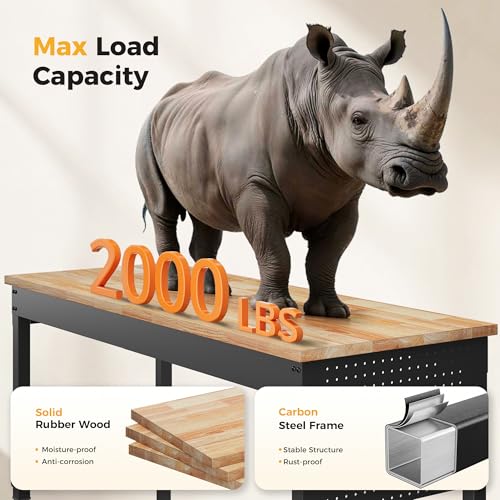 CAMMOO 60" Adjustable Heavy Duty Workbench, 2000 LBS Load Capacity Rubber Wood Work Table with Pegboard, Power Outlets, Work Bench for Garage, Workshop, Office, Home, Commercial