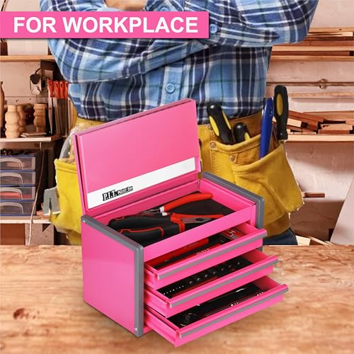 P.I.T. Mini Tool Box 8.6"W X 4.6"D, Portable 3 Drawer Steel Stackable Pink Tool Box with Magnetic Tab Locking, Pink Micro Top Chest with Liner for Tools Storage and Organizers, Home DIY