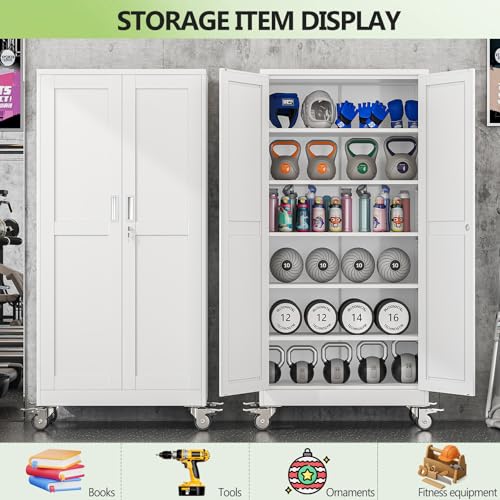 RISTERN Metal Garage Storage Cabinets and storage system, 74”Tall Rolling utility cabinet with Wheels, Lock, 5 Adjustable Shelves, Heavy Duty Steel Tool Locker for Home Office, Utility Room, Gym,White