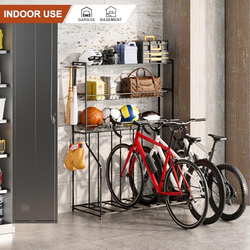 Kificet 4 Bike Stand, Bike Rack Garage with 3-Tier Storage Rack, Bicycle Stand for Garage Organizer, Indoor Sporting Gear Storage Station for Mountain/Road/Hybrid & Fat Tire Bike, Patent Pending