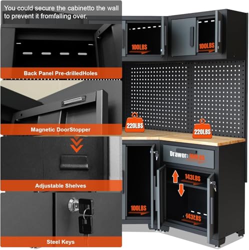 Tsnritor Garage Storage Cabinet System 8-Pcs Garage Cabinets and Storage System Corner Workshop Set with Corner Cabinet, Cabinet Drawers, Workbench, Pegboard for Tool Organization, Black and Grey
