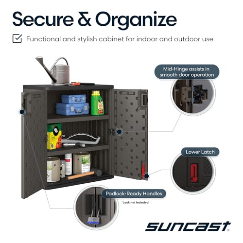 Suncast Heavy-Duty Resin Outdoor Storage Cabinet, 30" W x 20.25" D x 36" H Dark Grey Base Garage Storage Cabinet with Lockable Doors and Metal Reinforced Shelves, Made in the USA