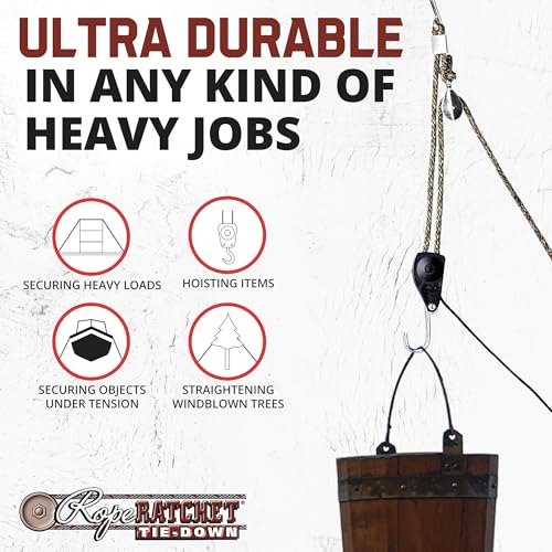 Rope Ratchet 3/8" 20' Solid Braided Rope Block and Tackle, Heavy Duty Pulley System Hoist for Lifting, Hanging Feeders, Garage Storage, Attic Lifts, Securing Loads, Tree Support, 250 lbs Capacity