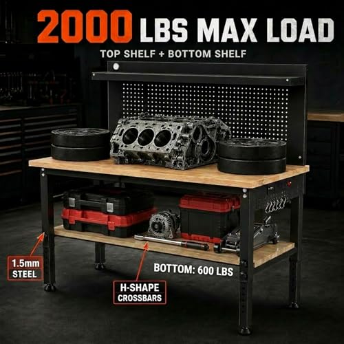 60'' Adjustable Workbench with Storage Shelf & Pegboard – Max Load 2000 LBS, Heavy Duty Rubber Wood Tabletop Tool Bench with AC/USB Outlet, Garage Organization, Work Benches for Workshop, Office