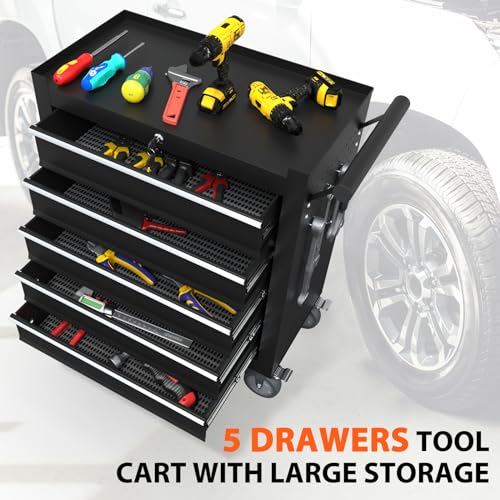 Granper 5-Drawer Rolling Tool Chest, Tool Box with 4 Wheels and Drawers, High Capacity Detachable Mobile Tool Storage Cabinet for Garage, Workshop, Mechanics and Repair Room (Black)