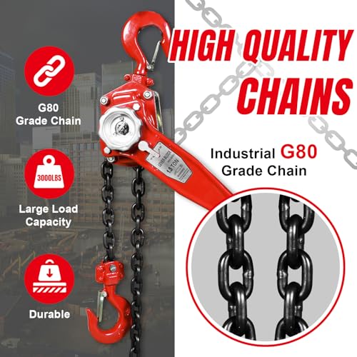 Big RED Manual Lever Chain Hoist,1-1/2 Ton 3000 lbs Capacity Come Along,G80 Grade Steel with Double-Pawl Brake,2 Heavy Duty 360° Rotation Hooks for Garage Factory Warehouse Ports Automotive Machinery