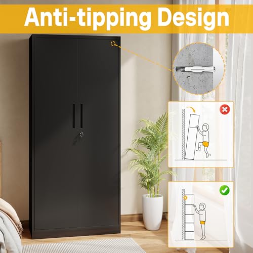 Reegangfa Metal Storage Cabinet with 2 Doors and 4 Adjustable Shelves, 71" Garage Storage Cabinet with Anti-Tipping Design, Lockable Garage Cabinets for Office, Home, Garage, Gym, School