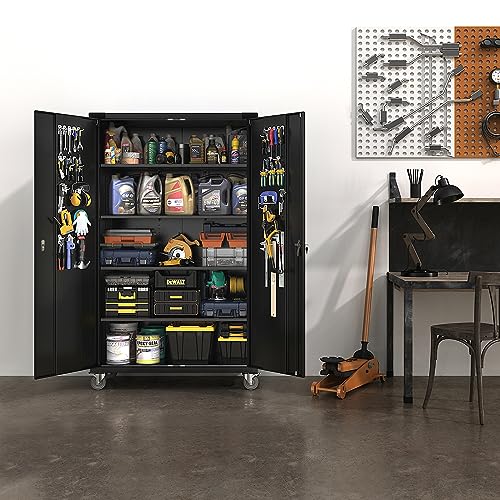 VINGLI Upgraded Wide & Deep Garage Storage Cabinet, Metal Storage Cabinet with Pegboards, Wheels, Locking Doors and Adjustable Shelves (Black, 43''W x 20''D x 72''H)