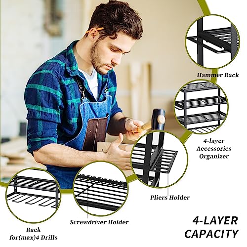 KAFAHOM Power Tool Organizer,4 Layer Drill Holders Wall Mount,Heavy Duty Metal Organizers and Storage Rack for Garage Organization,Tools Shelves with Screwdriver Plier/Hammer Holder, Black
