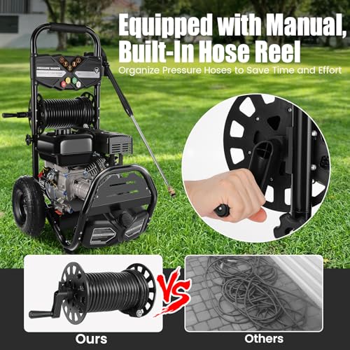 Professional 4200PSI 4GPM 212CC Gas Pressure Washer, 7.0HP Heavy-Duty 3600RPM Commercial Gas Power Washer with 10" Wheels 3000ML Foam Bottle 5 Nozzles 33FT Hose Reel (EPA/CARB/ETL Compliant), Black