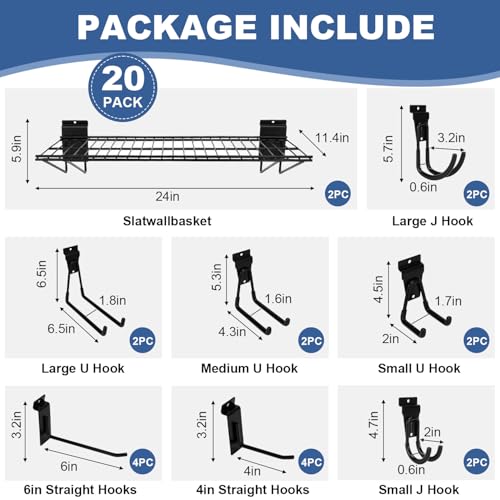LYYUWE 20PCS Slatwall Accessories Set, Includes 2 Pack Slatwall Wire Shelves (24 inches Width) and 18 Pack Heavy Duty Multisize Slatwall Hooks for Garage Organization, Retail Display (24 Inch)