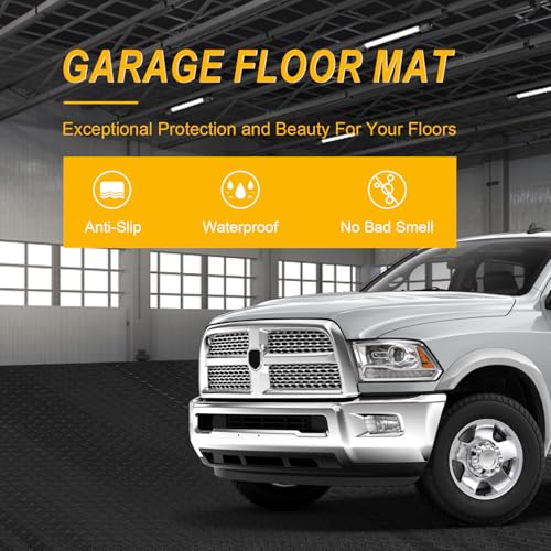 7.5x25 FT Garage Floor Mat, 2.8mm Thickened Flooring Roll Under Car Mat with 20Pcs Tapes, Diamond Plate, Non-Slip Floor Protector Mat for Trailer, Garage, Warehouse, Gyms, Trailer, Matte Black