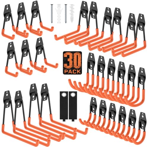 Cpais Garage Hooks with Anti-Slip Coating,Heavy Duty Wall Mount Storage Hooks for Hanging Bike,Hose,Ladder,Yard,Garden Tools (30 Pack Orange)