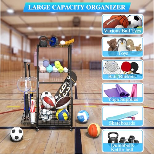 DUDUXI Sports Equipment Garage Organizer,Garage Ball Storage Rack for Sports with Wheels-Upgraded 3 Layers Sports Organizer Rack Outdoor Basketball Racks for Balls with Holder and Hooks