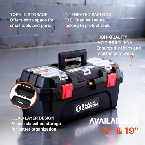 Black Canyon 17 Inch Plastic Tool Box, Support up to 44 lbs,Dual-Layer Design, Flexible for Stacking, Top-Lid Storage, Ideal for DIY, Workshop