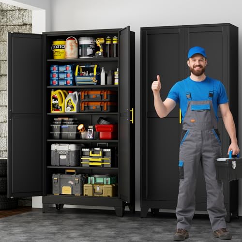 AUEYTVR 75" Metal Garage Storage Cabinet with 2 Doors and 5 Adjustable Shelves,Metal Storage Cabinets,Steel Tool Cabinets for Home,Office,Garage,Warehouse (Black, 75''H x 36''W x 18''D)