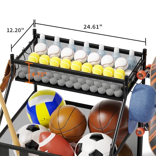 CACHOLIV Garage Sports Equipment Organizer with Wheels - Garage Ball Storage with Elastic Rope and 6 Hooks - Home Gym Storage for Basketball Soccer - Outdoor Storage Rack for School Playground (Black)