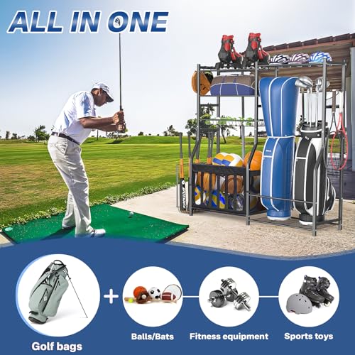 organizelink Heavy Duty Garage Sports Equipment Organizer, All-in-One Golf Bag Storage Rack & Multi-Sport Ball Holder for Basketballs, Bats & Kids Toys, Indoor/Outdoor Free Standing Gear Bin