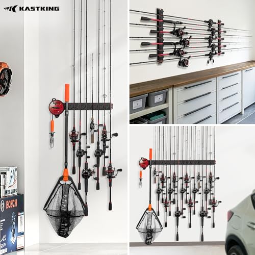KastKing GravityLock Fishing Rod Holder, V8 & V9 2-Pack Wall Mounted Fishing Rod Rack, Holds up to 17 Fishing Rods or Combos, Universal Rod Storage System, Heavy-Duty Grip, Built-in Line Spooler